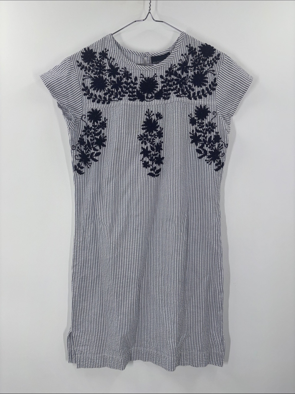 Striped Embroidered Shift Dress - Navy/White